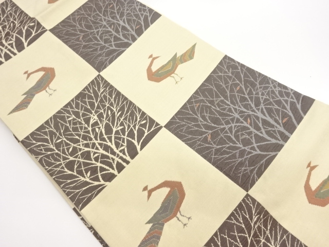 手織り紬市松に孔雀・枝葉模様織出し名古屋帯